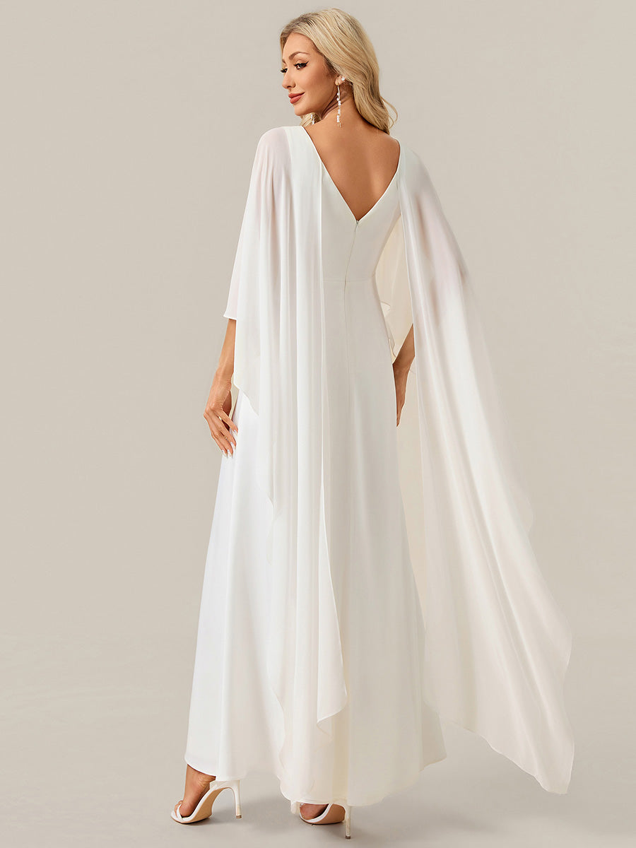 Deep V-Neck Satin Shawl Sleeve Wedding Dress