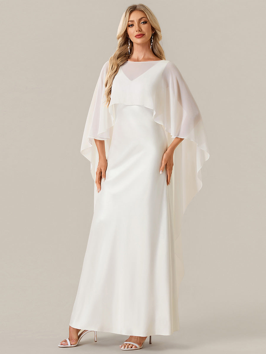 Deep V-Neck Satin Shawl Sleeve Wedding Dress