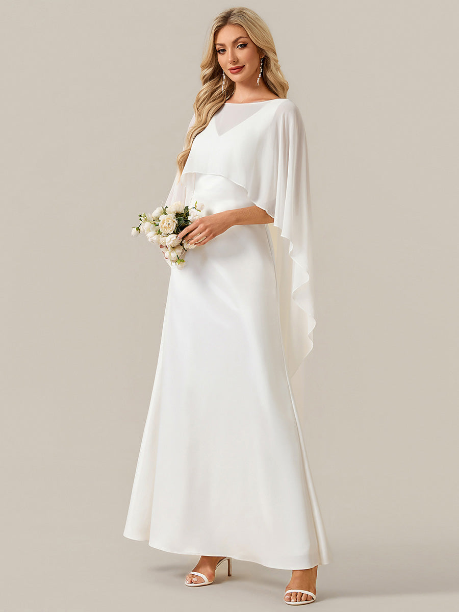 Deep V-Neck Satin Shawl Sleeve Wedding Dress