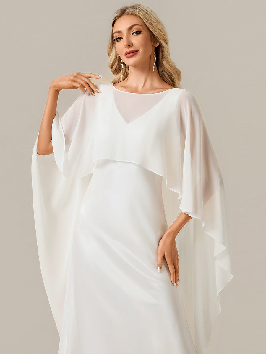Deep V-Neck Satin Shawl Sleeve Wedding Dress