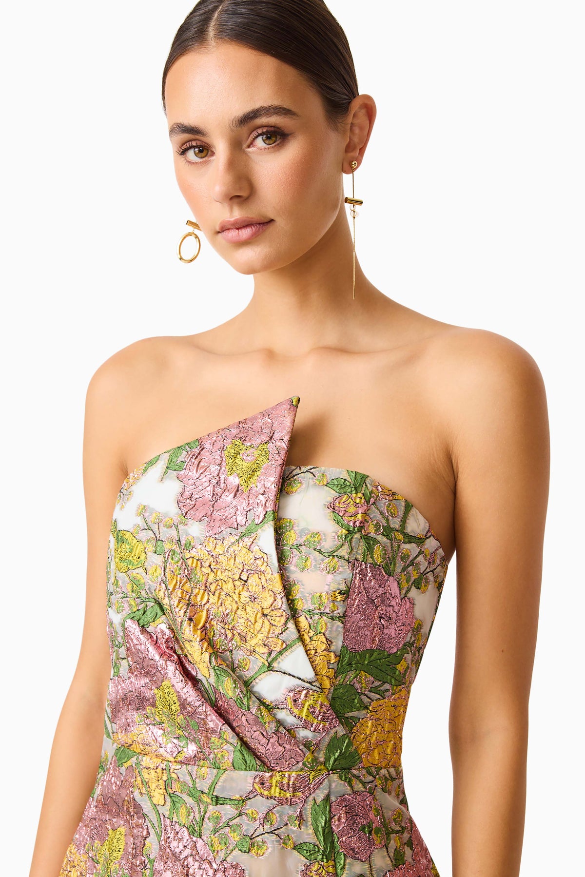 Patricia Strapless Mini Dress in Gold & Purple Floral