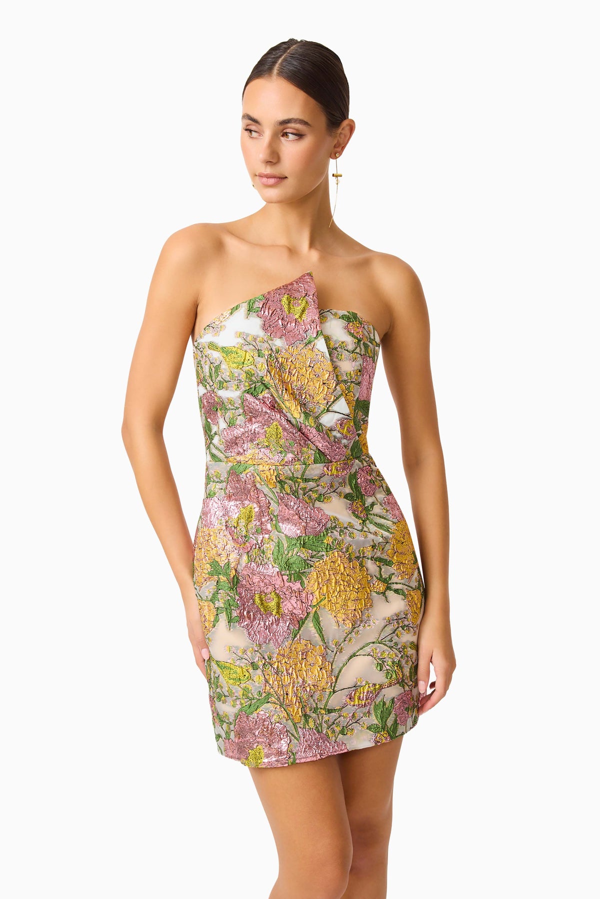 Patricia Strapless Mini Dress in Gold & Purple Floral