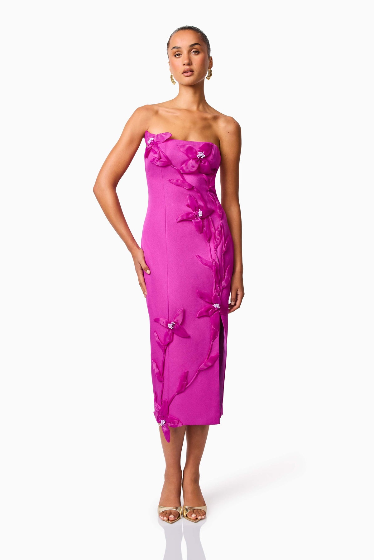 Bethany Strapless Floral Midi Dress In Purple