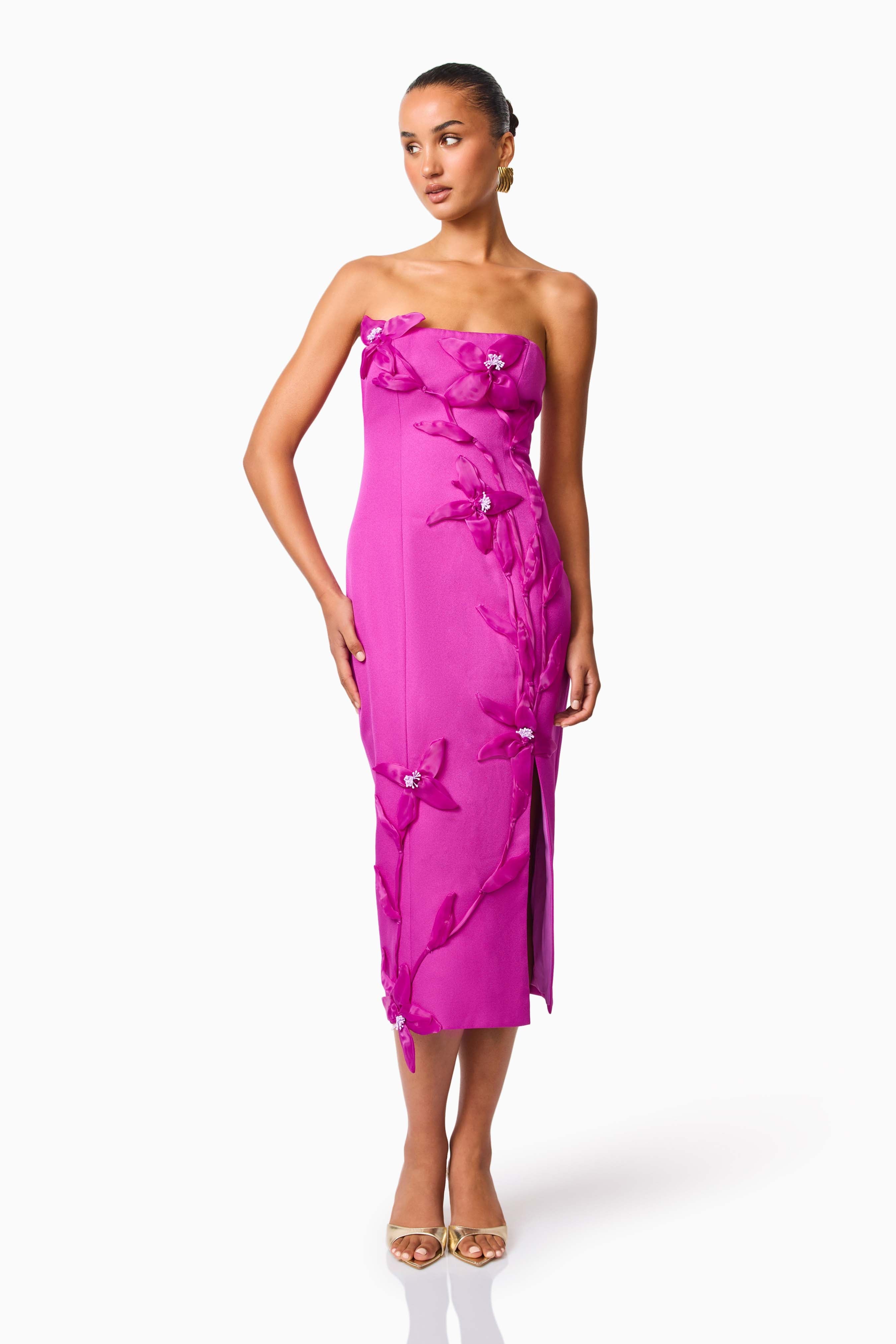 Bethany Strapless Floral Midi Dress In Purple