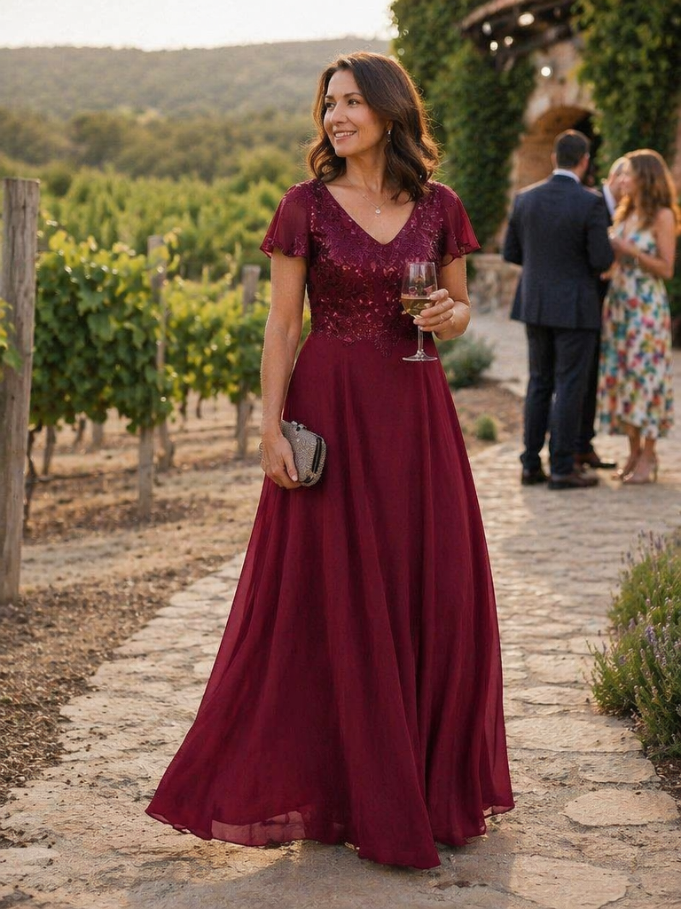 Applique Sequin Ruffle Sleeve Mother of the Bride Dress