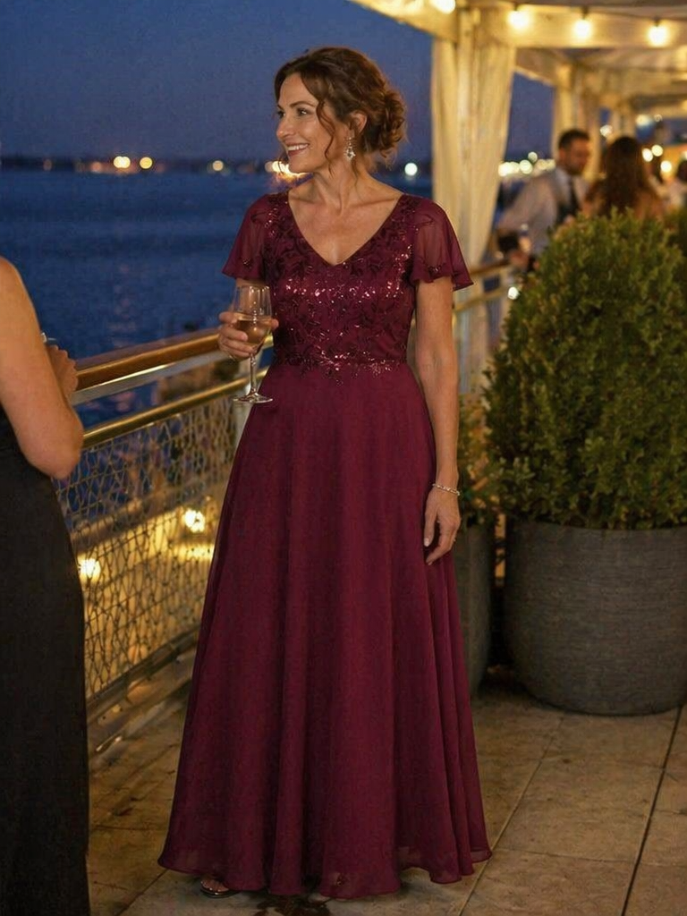 Applique Sequin Ruffle Sleeve Mother of the Bride Dress