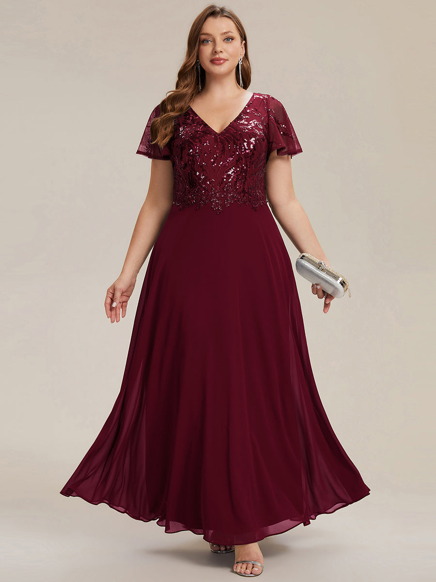 Applique Sequin Ruffle Sleeve Mother of the Bride Dress