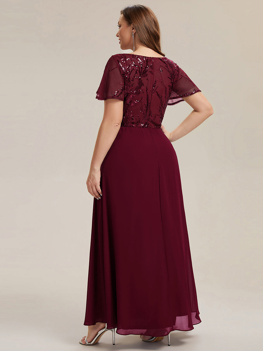 Applique Sequin Ruffle Sleeve Mother of the Bride Dress