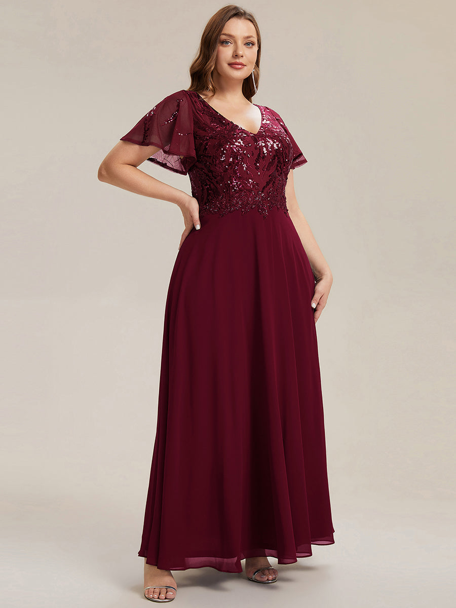 Applique Sequin Ruffle Sleeve Mother of the Bride Dress