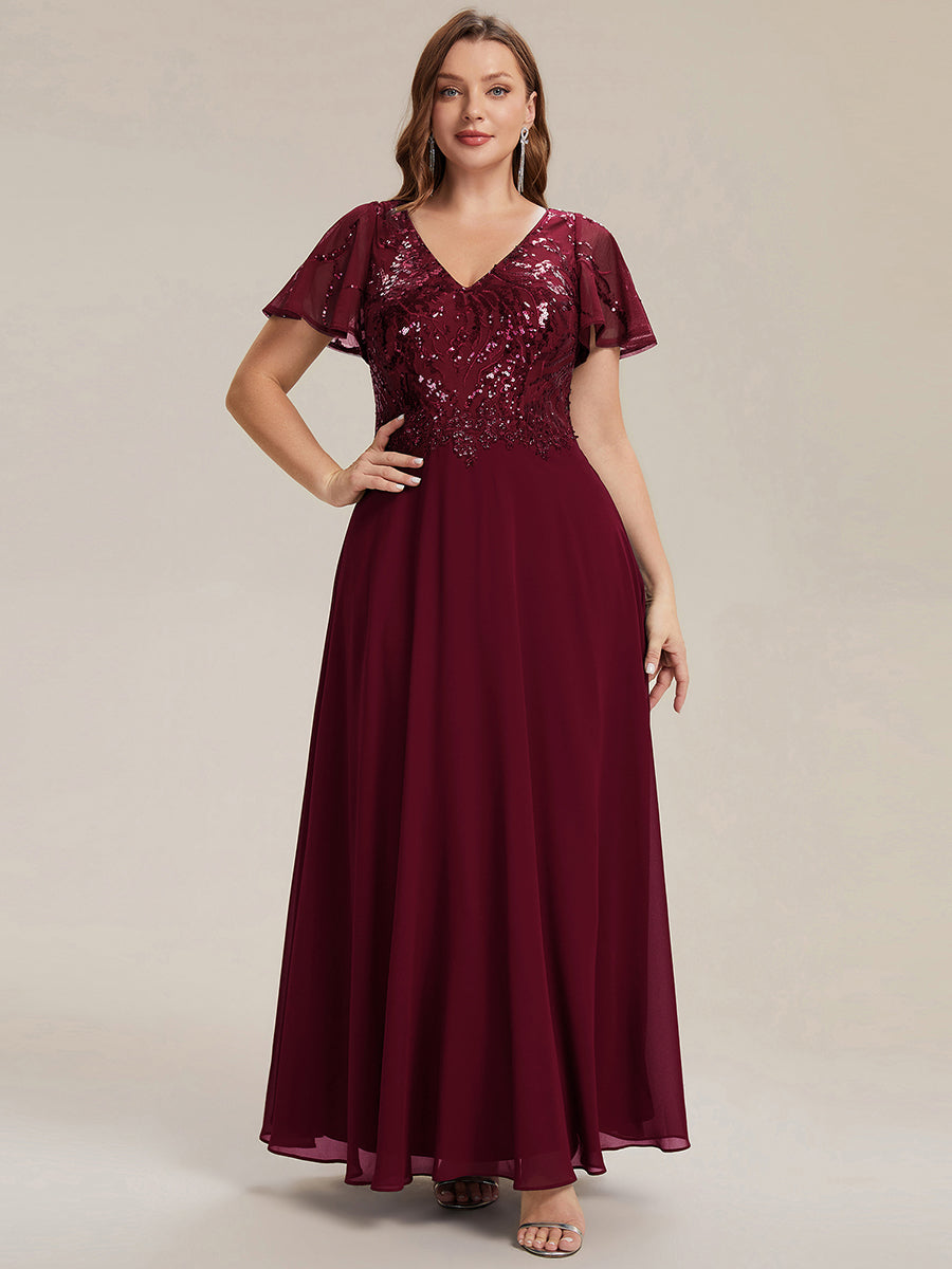 Applique Sequin Ruffle Sleeve Mother of the Bride Dress