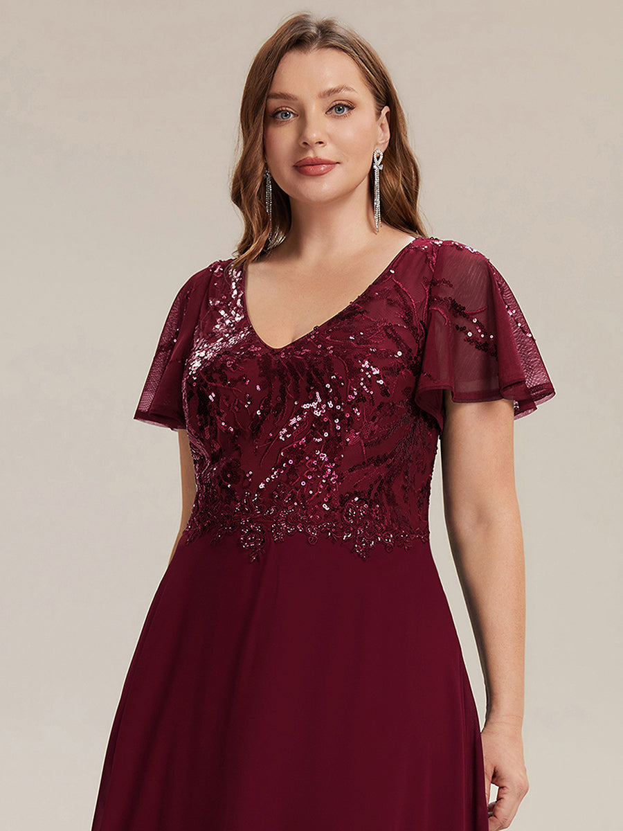 Applique Sequin Ruffle Sleeve Mother of the Bride Dress