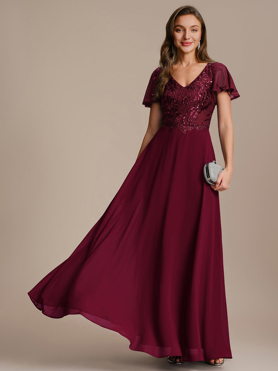 Applique Sequin Ruffle Sleeve Mother of the Bride Dress