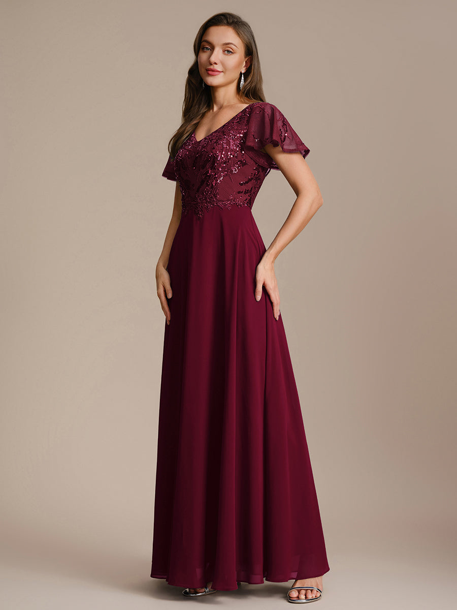 Applique Sequin Ruffle Sleeve Mother of the Bride Dress