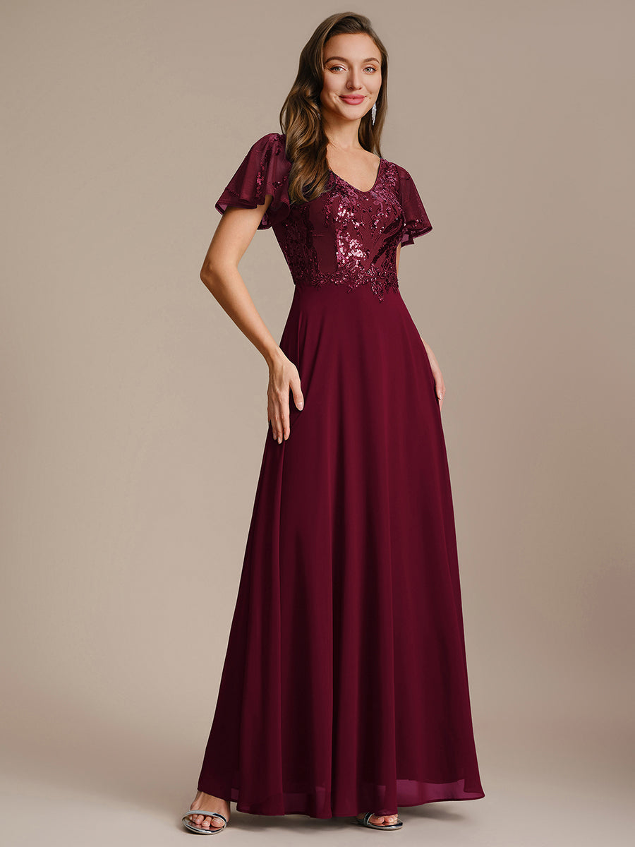 Applique Sequin Ruffle Sleeve Mother of the Bride Dress