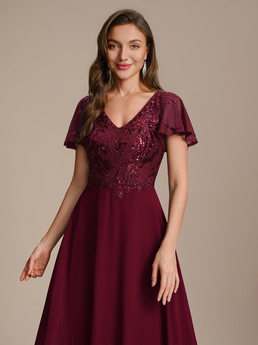 Applique Sequin Ruffle Sleeve Mother of the Bride Dress