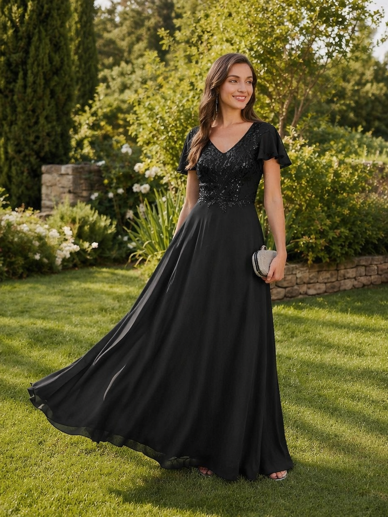 Applique Sequin Ruffle Sleeve Mother of the Bride Dress