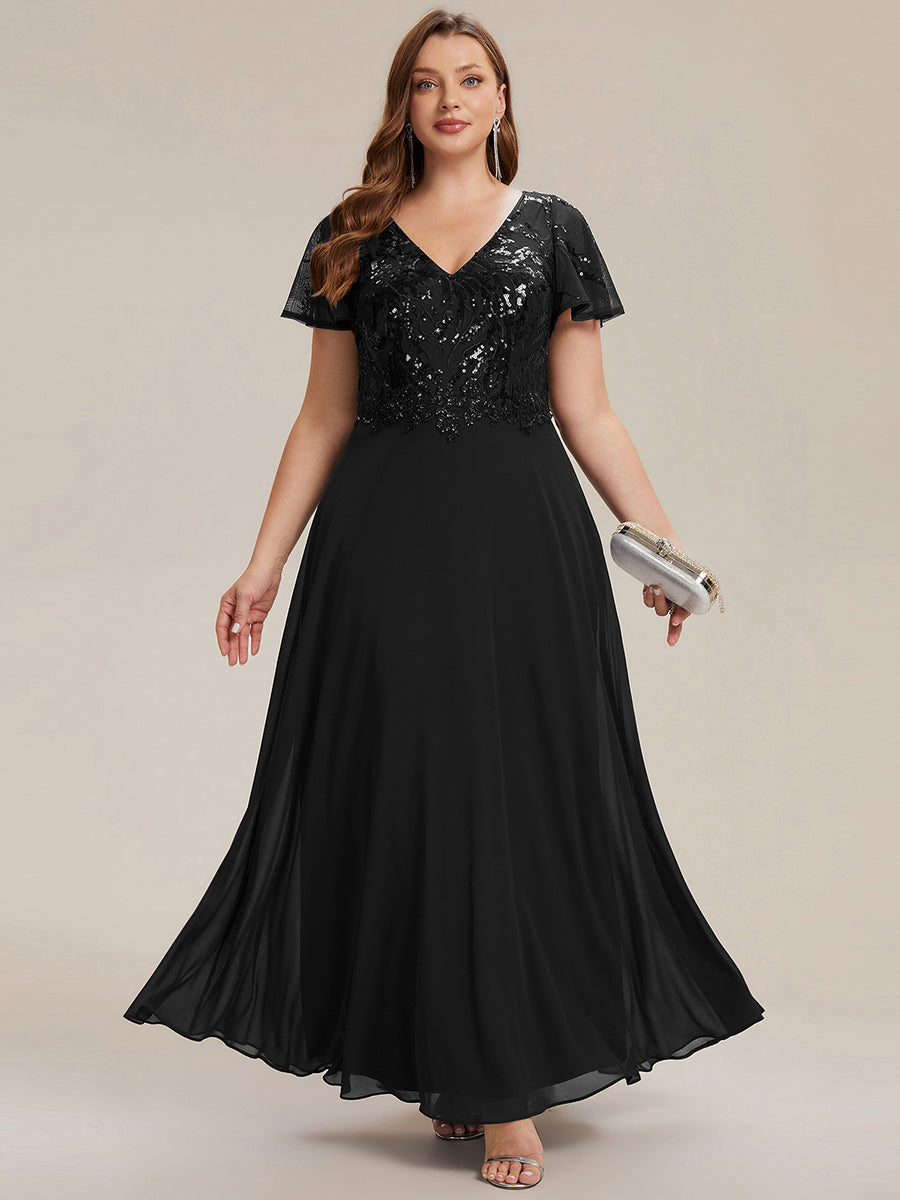 Applique Sequin Ruffle Sleeve Mother of the Bride Dress