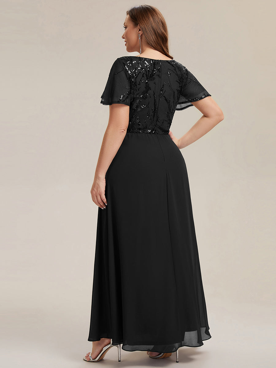 Applique Sequin Ruffle Sleeve Mother of the Bride Dress