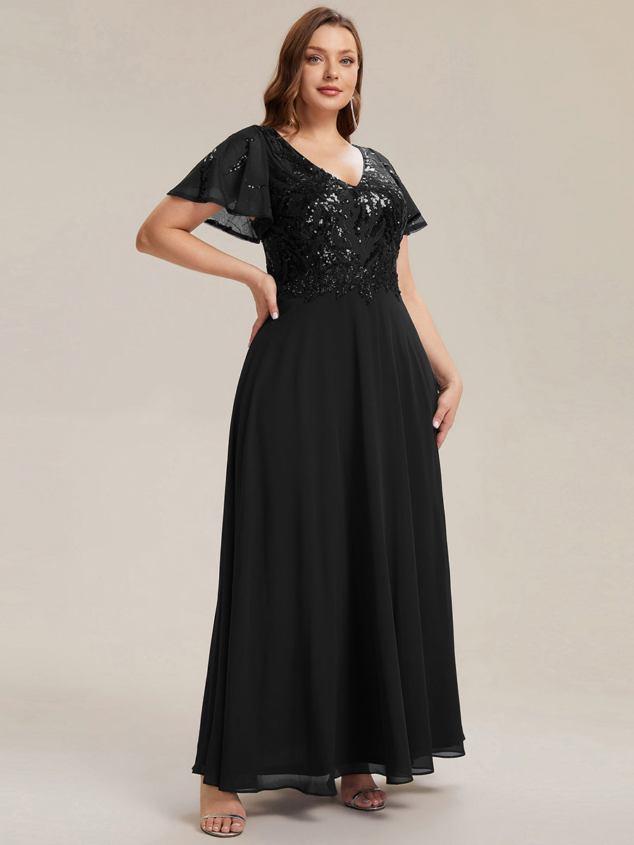 Applique Sequin Ruffle Sleeve Mother of the Bride Dress
