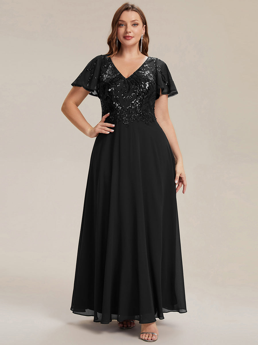 Applique Sequin Ruffle Sleeve Mother of the Bride Dress
