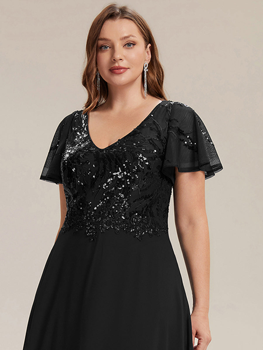 Applique Sequin Ruffle Sleeve Mother of the Bride Dress