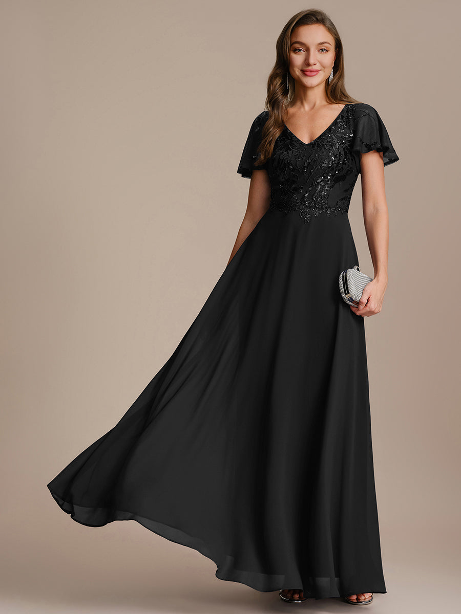 Applique Sequin Ruffle Sleeve Mother of the Bride Dress