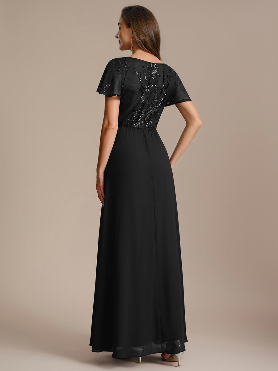 Applique Sequin Ruffle Sleeve Mother of the Bride Dress