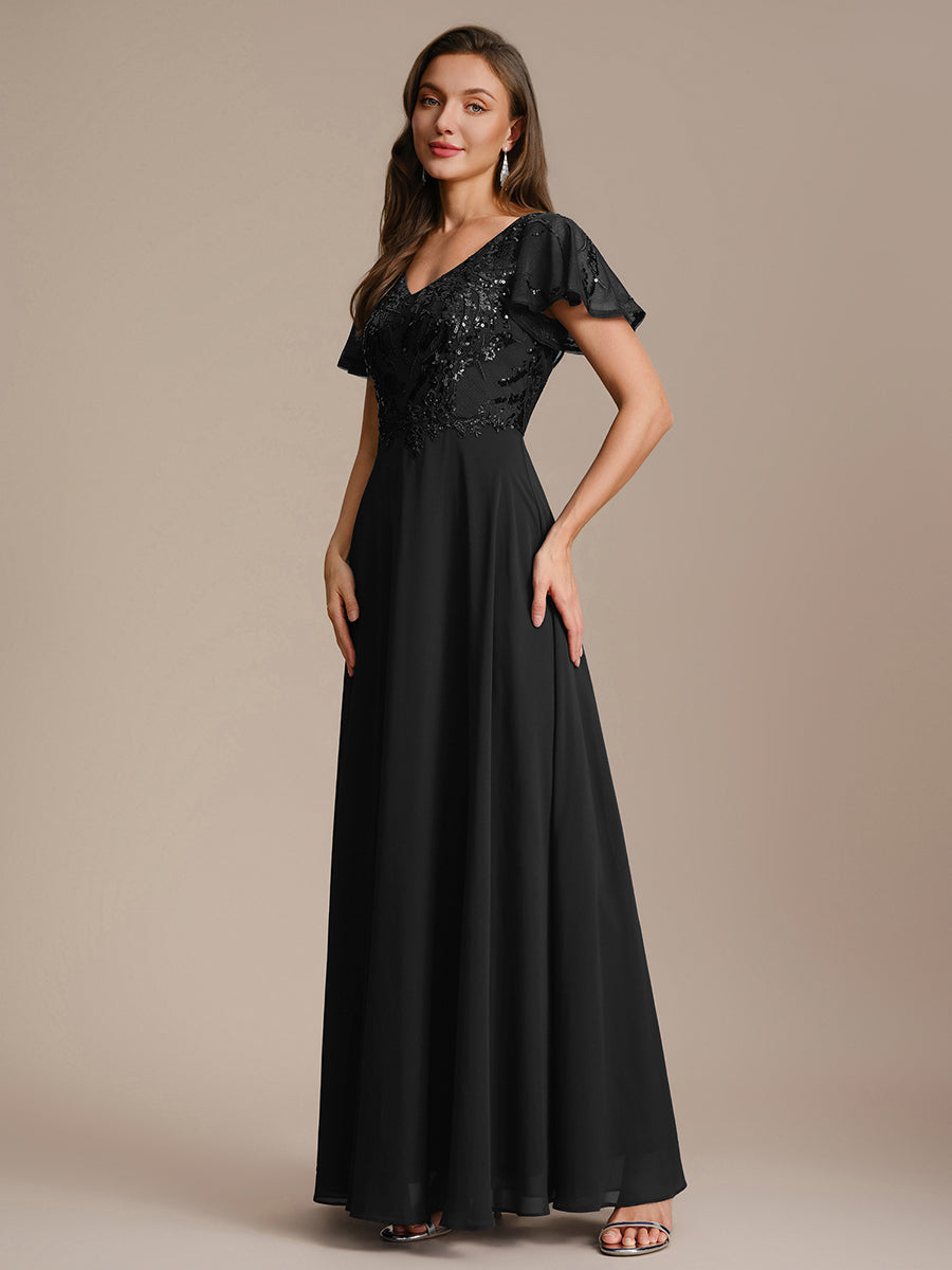 Applique Sequin Ruffle Sleeve Mother of the Bride Dress