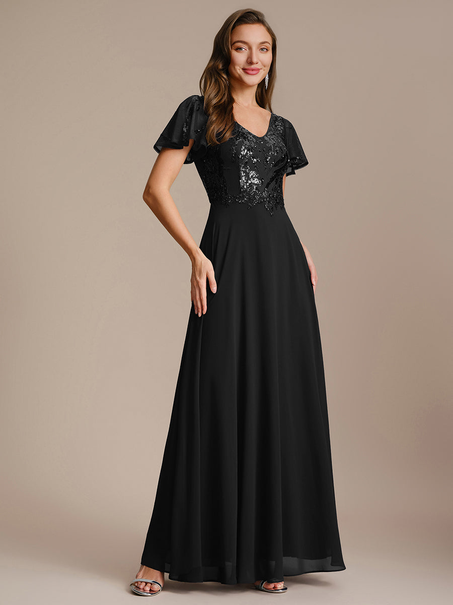 Applique Sequin Ruffle Sleeve Mother of the Bride Dress