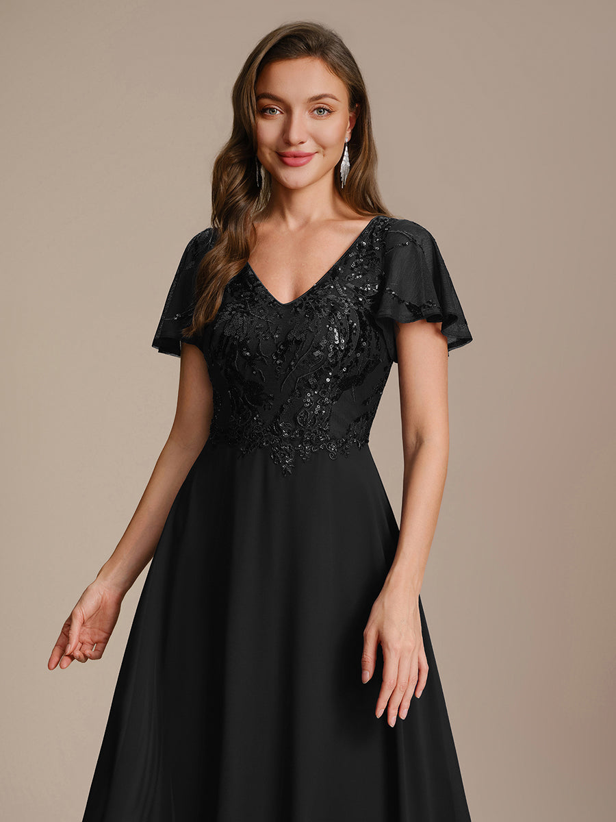 Applique Sequin Ruffle Sleeve Mother of the Bride Dress