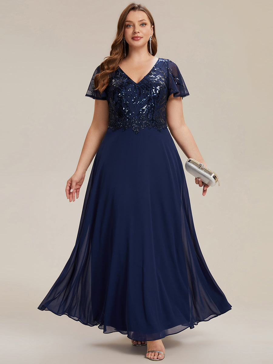 Applique Sequin Ruffle Sleeve Mother of the Bride Dress