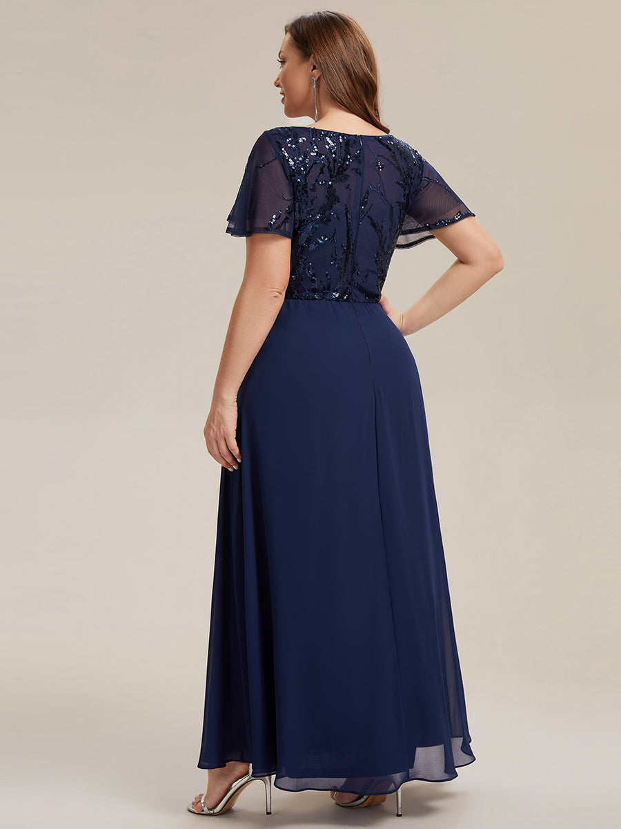 Applique Sequin Ruffle Sleeve Mother of the Bride Dress