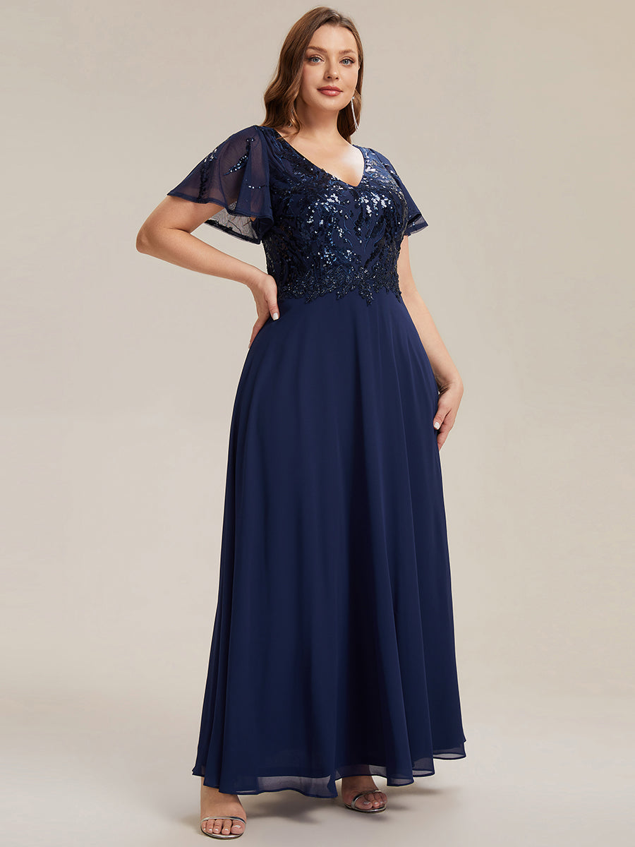 Applique Sequin Ruffle Sleeve Mother of the Bride Dress