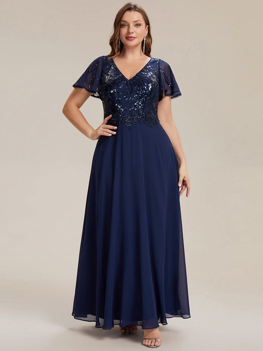 Applique Sequin Ruffle Sleeve Mother of the Bride Dress