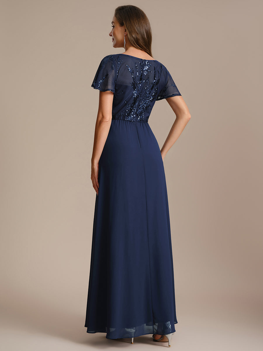 Applique Sequin Ruffle Sleeve Mother of the Bride Dress