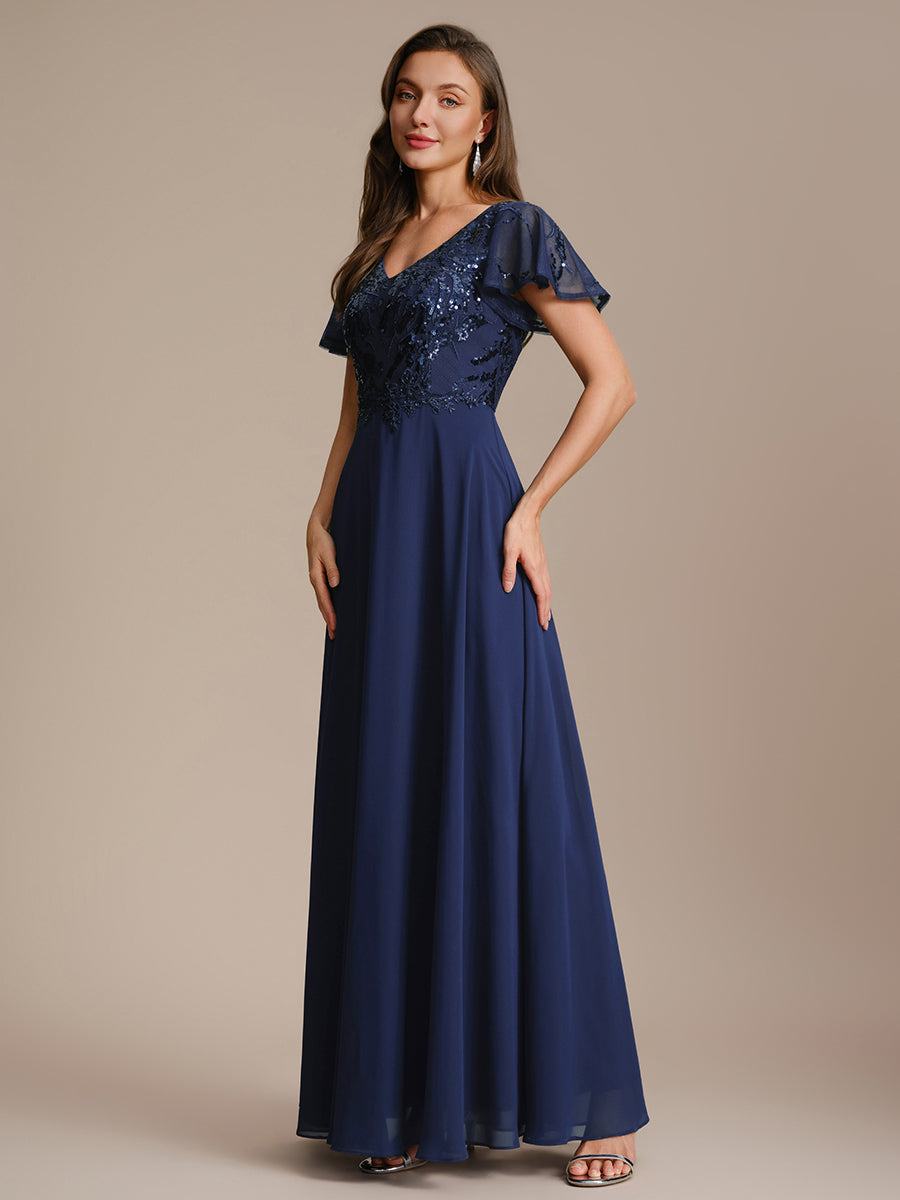 Applique Sequin Ruffle Sleeve Mother of the Bride Dress