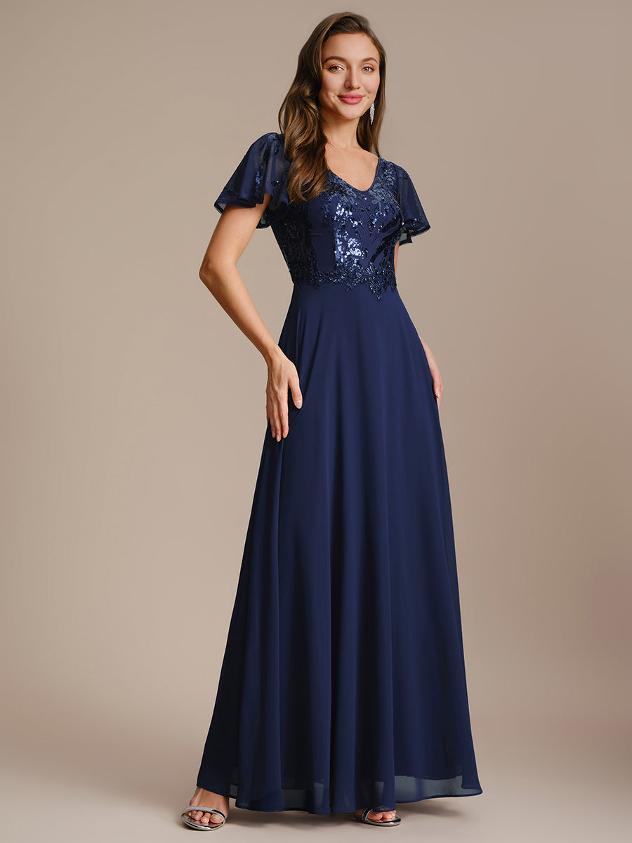 Applique Sequin Ruffle Sleeve Mother of the Bride Dress