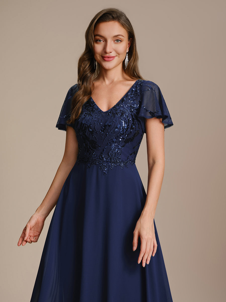 Applique Sequin Ruffle Sleeve Mother of the Bride Dress