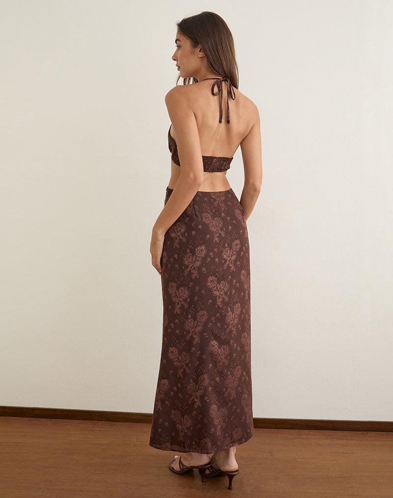 Emily Maxi Dress in Floral Jacquard Chiffon Brown