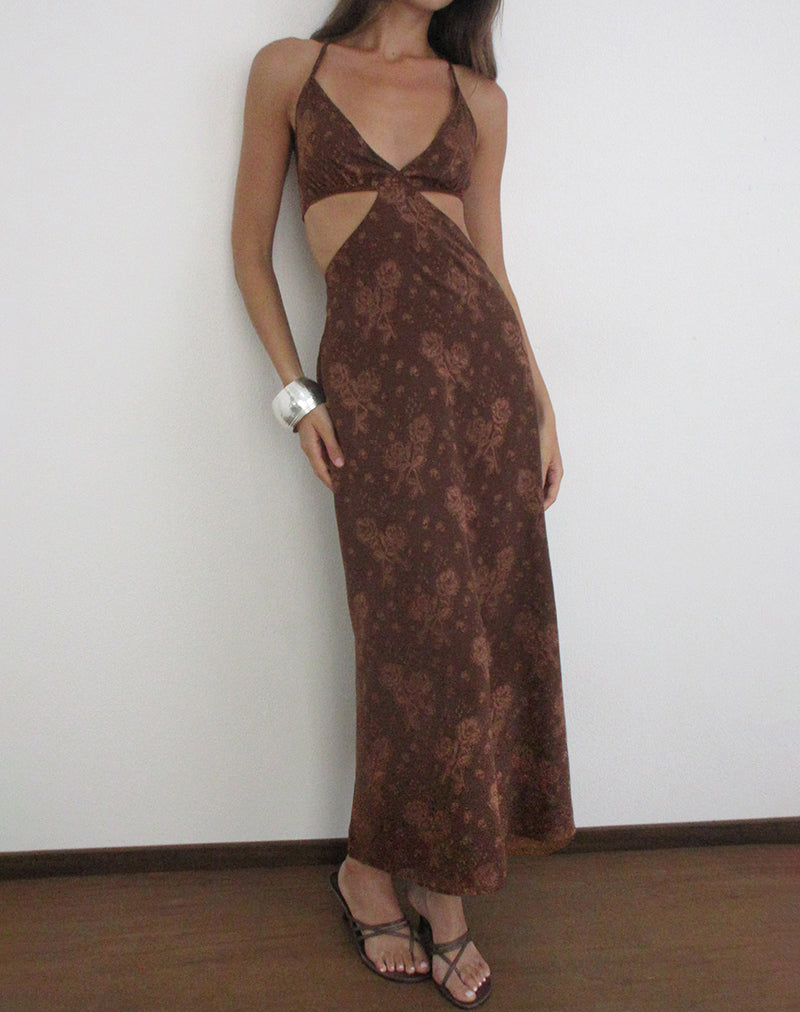 Emily Maxi Dress in Floral Jacquard Chiffon Brown