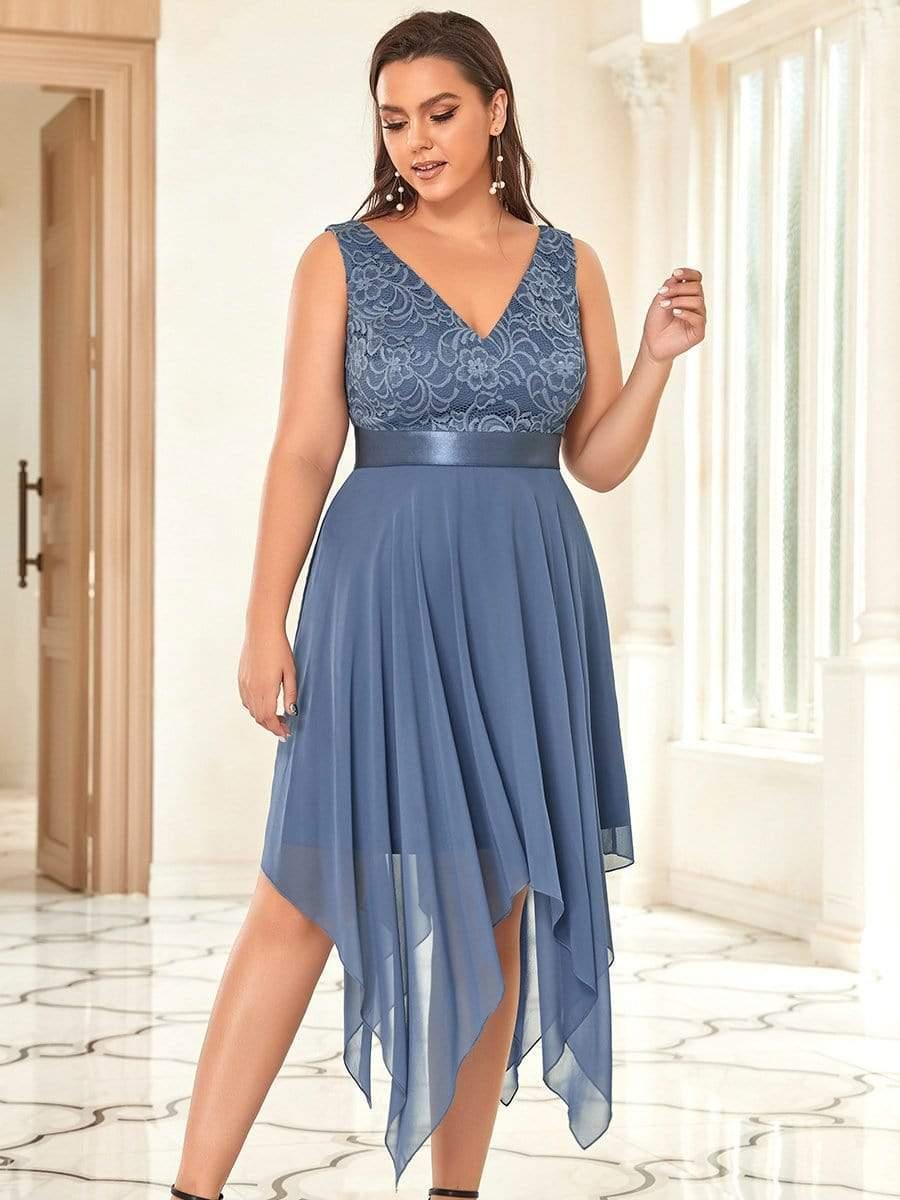 ever COSTA|Stunning V Neck Lace Dress with Asymmetrical Hems
