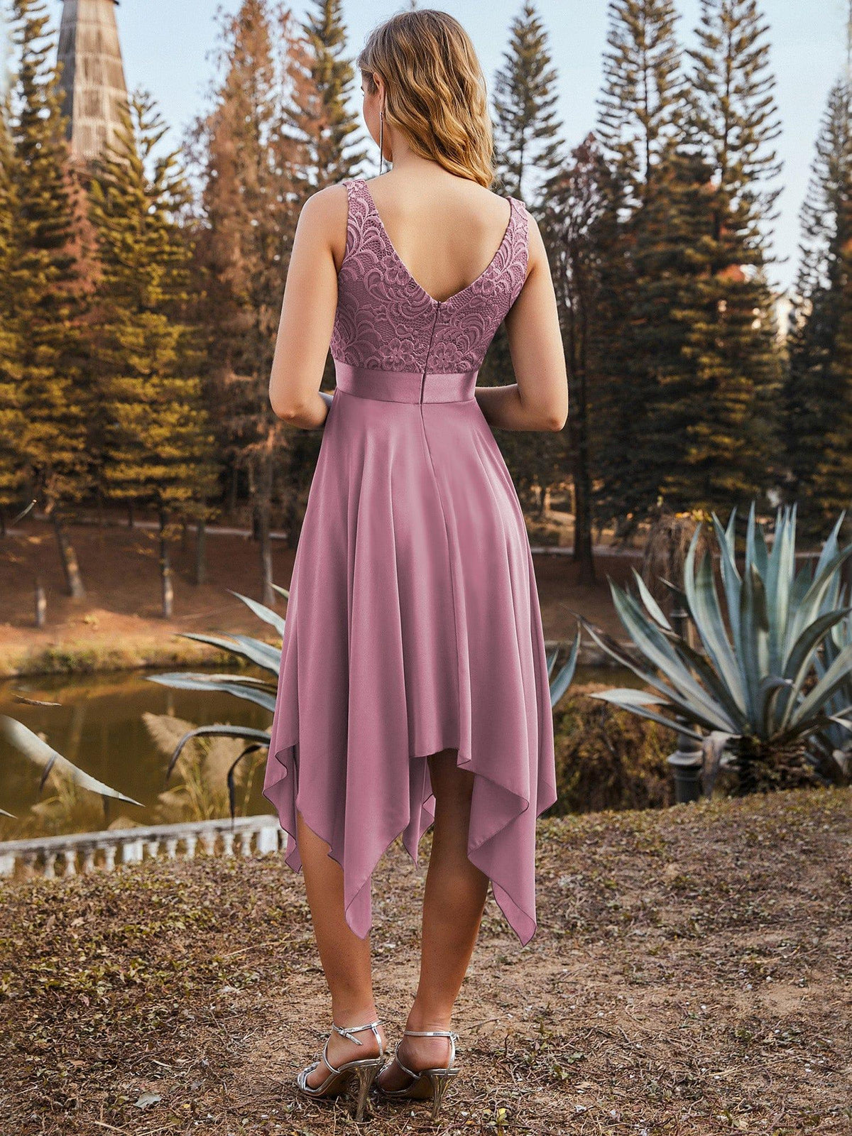 ever COSTA|Deep V-Neck Lace Chiffon Bridesmaid Dress with Asymmetrical Hem