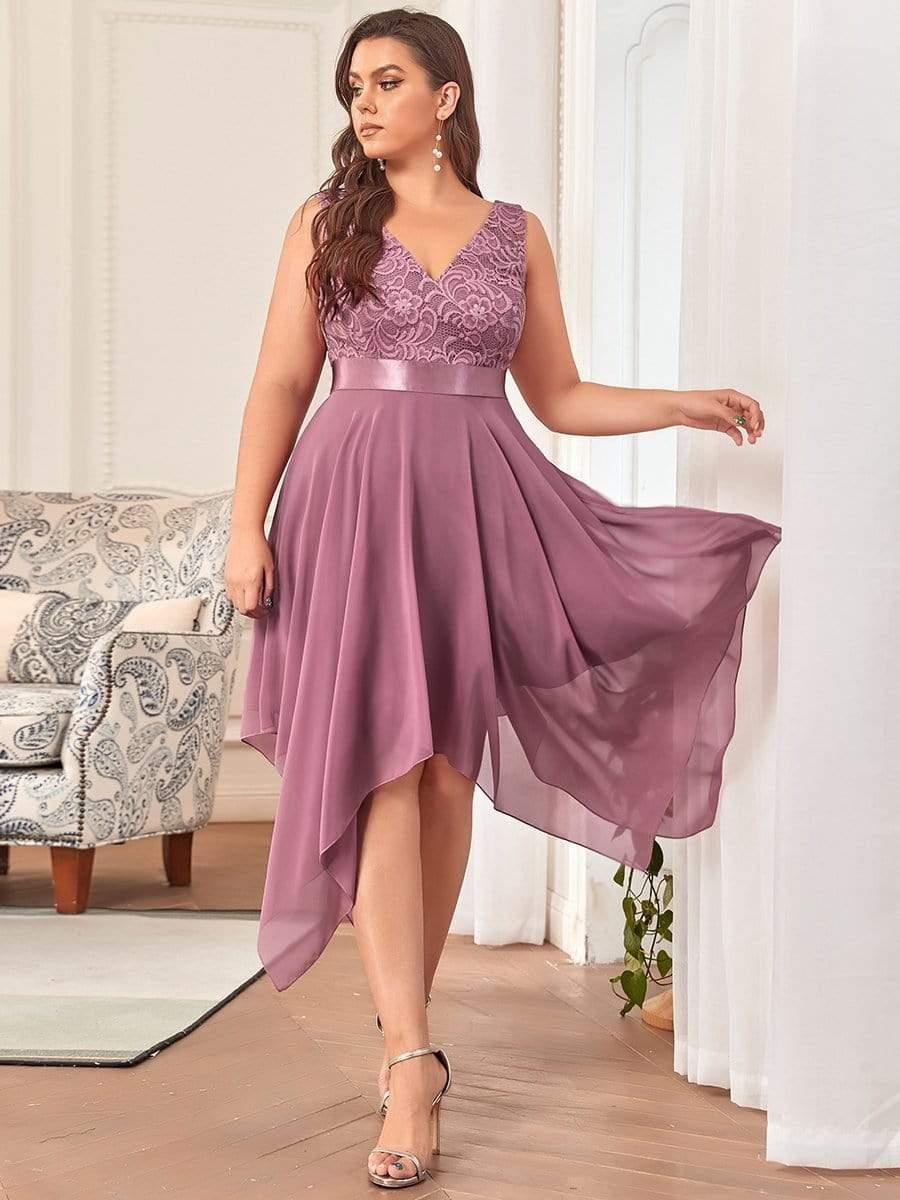 ever COSTA|Stunning V Neck Lace Dress with Asymmetrical Hems