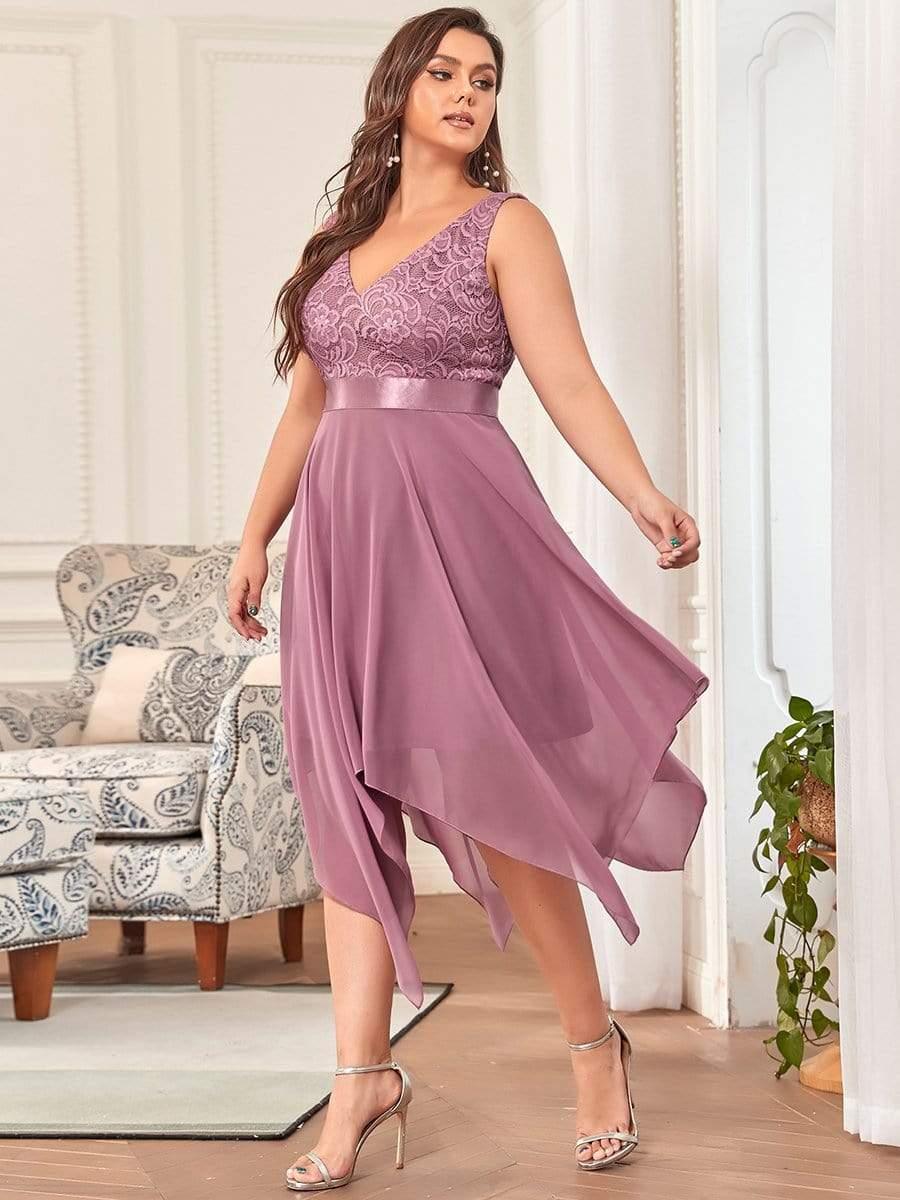 ever COSTA|Stunning V Neck Lace Dress with Asymmetrical Hems