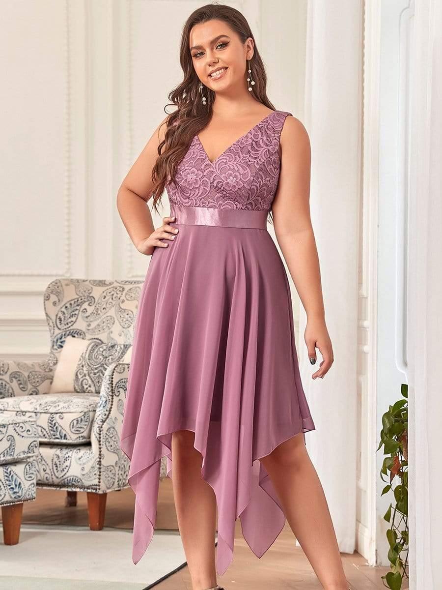 ever COSTA|Stunning V Neck Lace Dress with Asymmetrical Hems