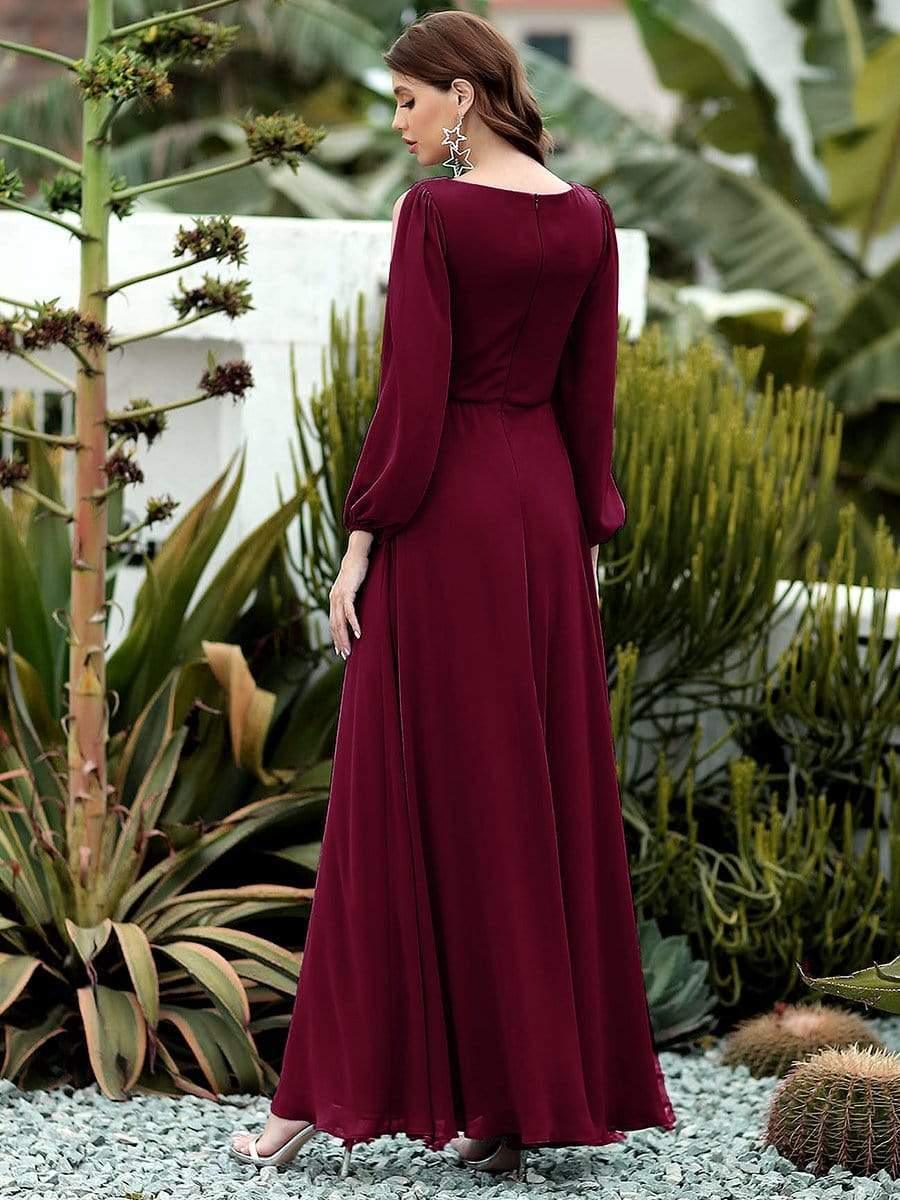ever AMOUR|Elegant Chiffon V-Neckline Long Sleeve Wedding Guest Dress