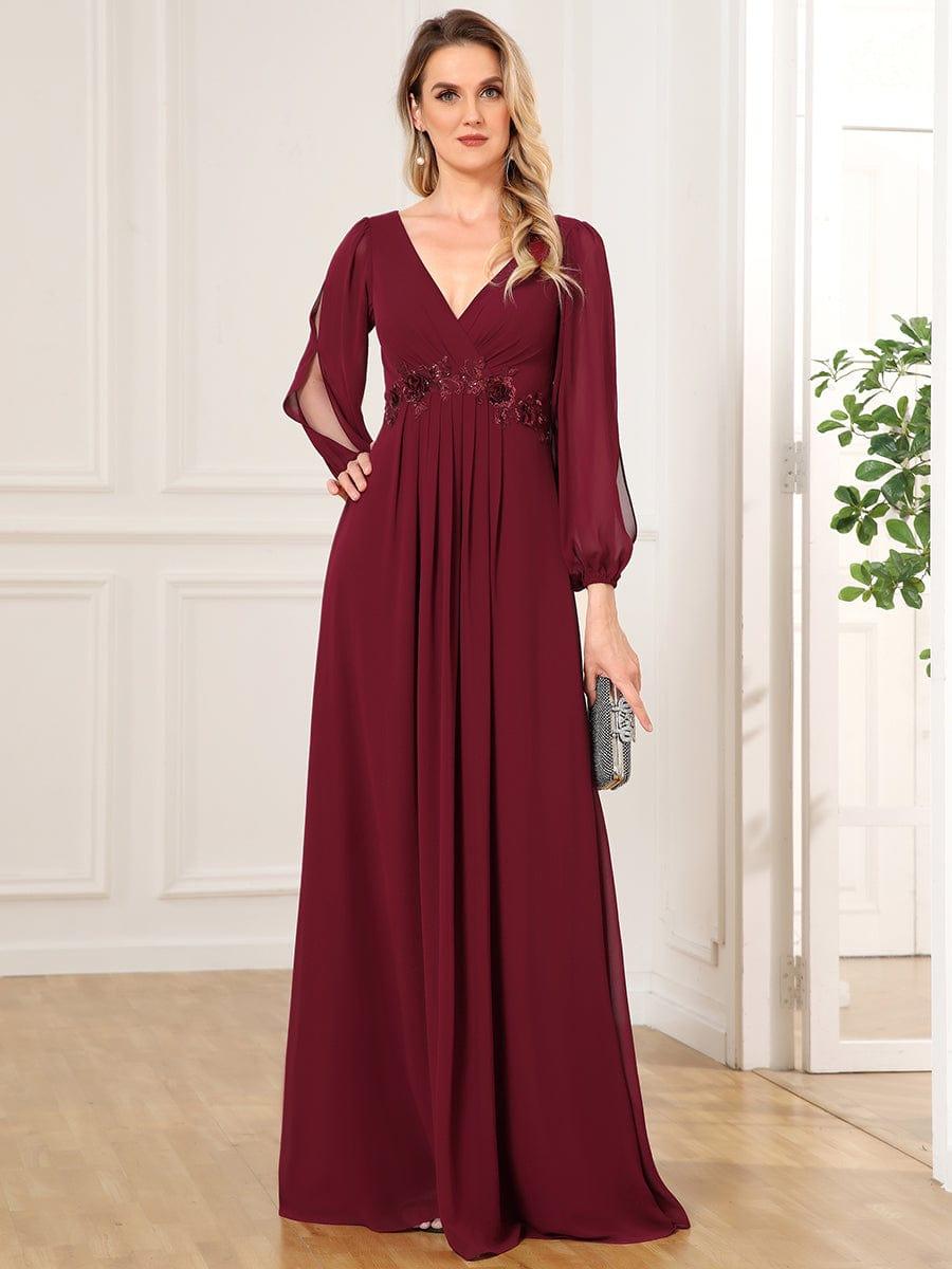 ever AMOUR|Elegant Chiffon V-Neckline Long Sleeve Wedding Guest Dress