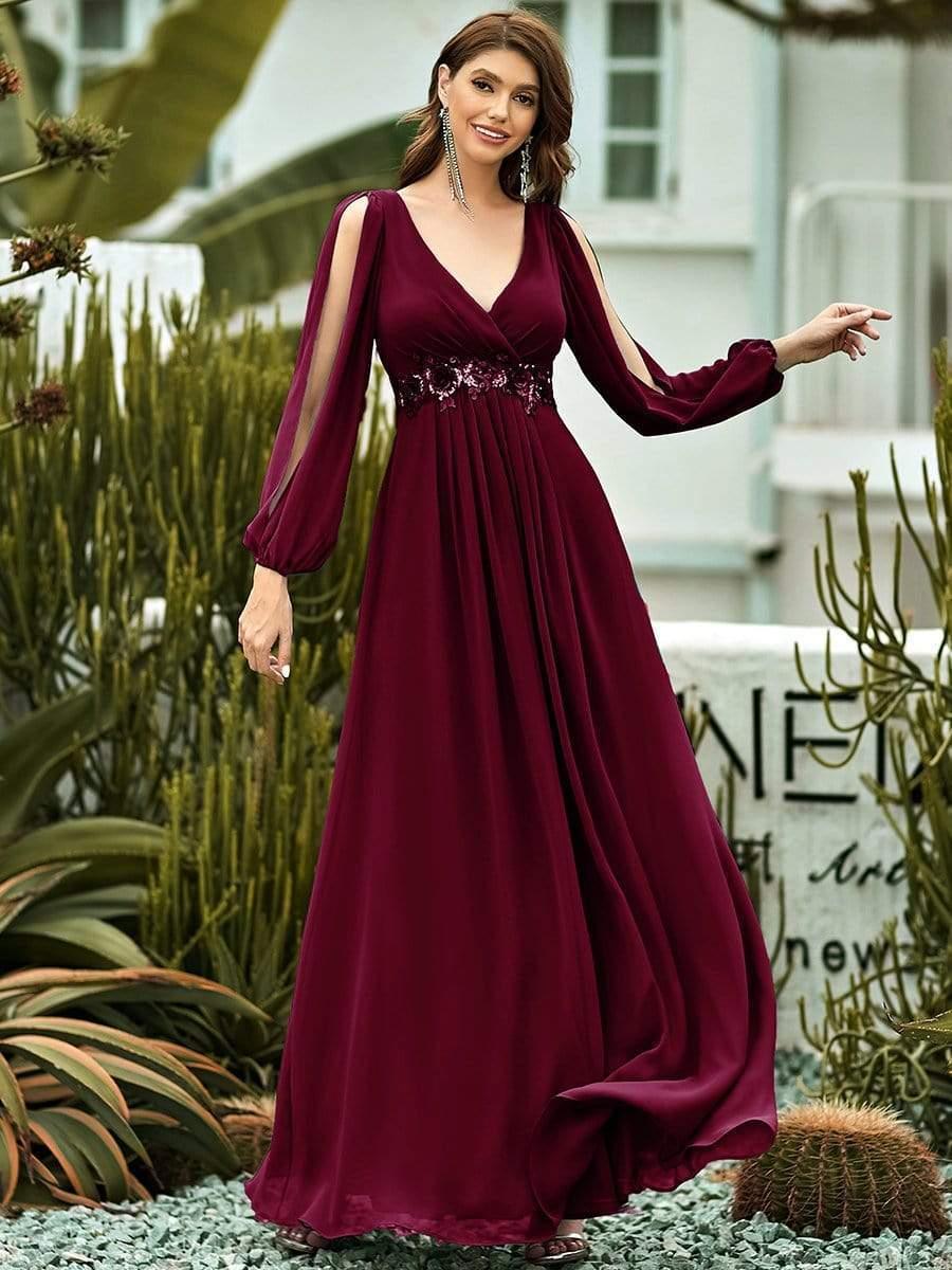 ever AMOUR|Elegant Chiffon V-Neckline Long Sleeve Wedding Guest Dress