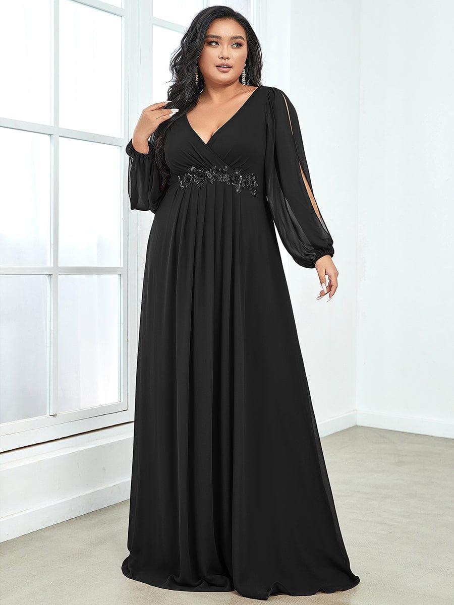 ever AMOUR|Elegant Chiffon V-Neckline Long Sleeve Wedding Guest Dress