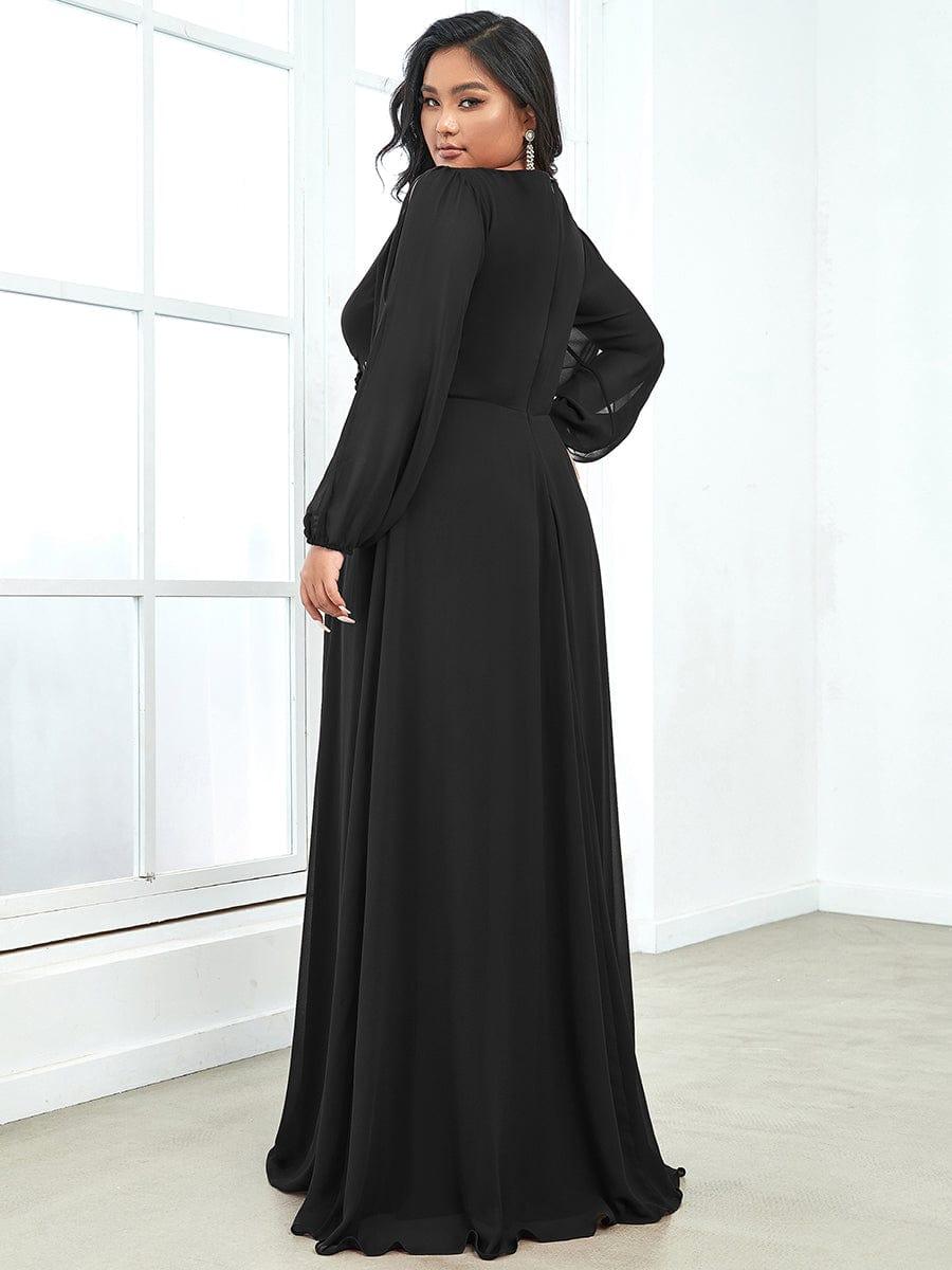 ever AMOUR|Elegant Chiffon V-Neckline Long Sleeve Wedding Guest Dress